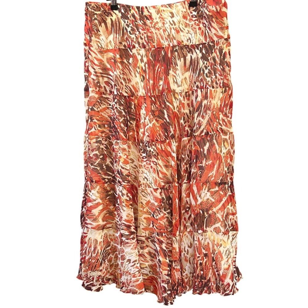 Lark Lane Boho Tiered Maxi Skirt Animal Abstract Print Orange Brown 14 Flowy
